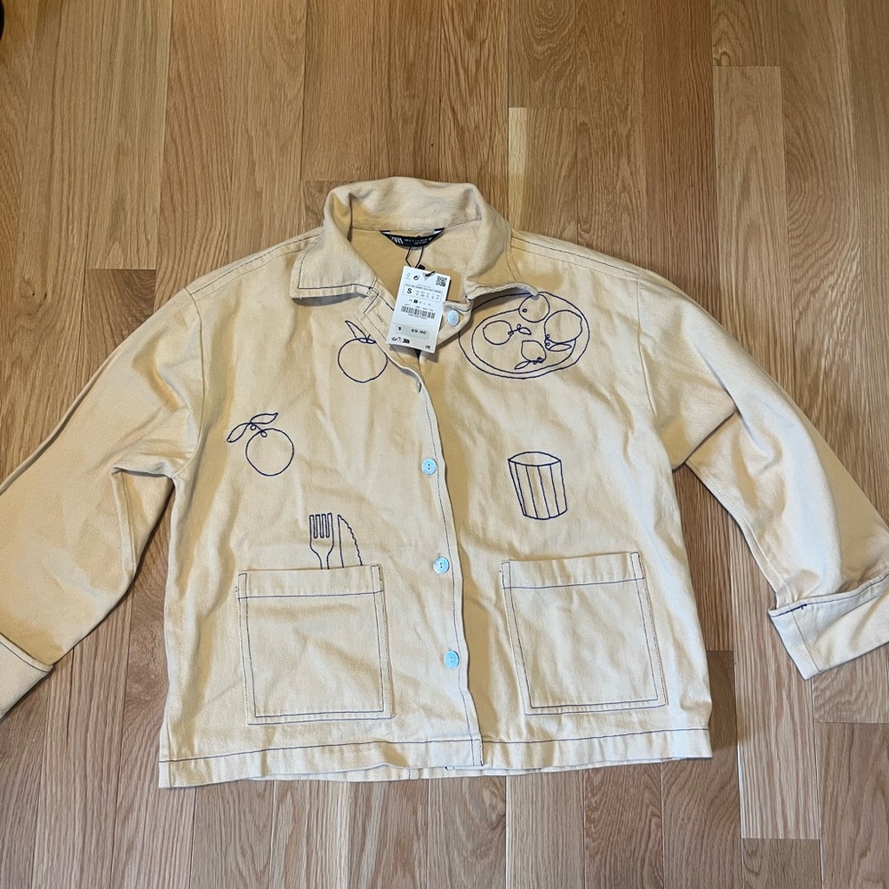 Zara Beige Jean Jacket with Playful Sketch Prints